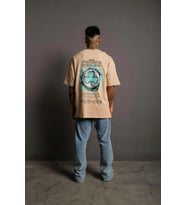 Erkek Kısa Kol Yazlık Tişört Bisiklet Yaka Baskılı Oversize T-Shirt - Bej