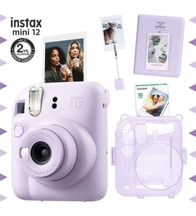 Instax mini 12 Lila Fotoğraf Makinesi-10'lu Film-Kıskaçlı Stand-PVC Albüm ve Simli Pleksi Kılıf Seti