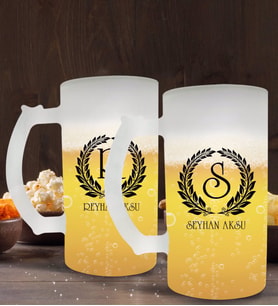 BK Gift Kişiye Özel Çelenk Baş Harfli İsimli 2’li Buzlu Cam Bira Bardağı 50cl-6 (Beyaz)