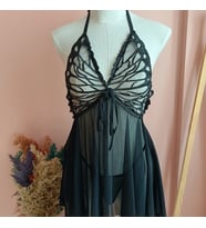 Butterfly Önden Yırtmaçlı Çeyizlik Kadın Tül Gecelik / Tanga Set-SİYAH