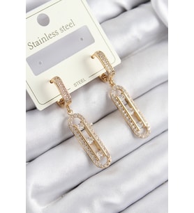 316L Çelik Zirkon Taşlı Sallantılı Messika Model Gold Renk Kadın Küpe (Altın)