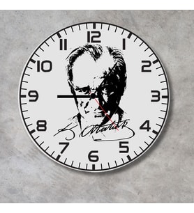 Atatürk Portreli ve İmzalı Metal Duvar Saati - Ofis ve Salon Saati