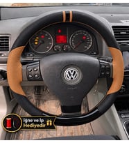Vw Tiguan 1 Dikme Direksiyon Kılıfı Delikli Deri Parlak Siyah Taba Detay Çift Yüzük ve Dikiş 2007-2011