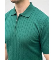 Erkek Yazlık Triko Saç Örgü Tişört Kısa Kol Polo Yaka Fermuarlı T-Shirt - Haki
