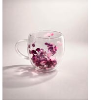 Kurutulmuş Canlı Çiçekli Çift Cidarlı Çay Kupası Kahve Kupası Mor Çiçekli HEDİYELİK 250 ML
