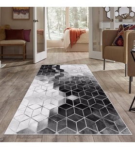 Gri Çizgi Renk Geçiş Petek Desen Yıkanabilir Kaymaz Taban Leke Tutmaz Modern Salon Halısı ve Yolluk (Siyah)