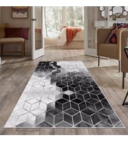 Gri Çizgi Renk Geçiş Petek Desen Yıkanabilir Kaymaz Taban Leke Tutmaz Modern Salon Halısı ve Yolluk (Siyah)