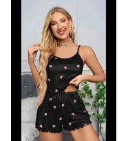 Fantezia Night Kadın Siyah Kalp Desenli Askılı Şortlu Gecelik Takım 5018