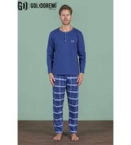 Gd Goldoremi Erkek Düğmeli Yaka Ekoseli Uzun Kollu Pijama Takım