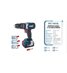 Proter PST 740 BL 4.0 Ah 20 V Li-ionPil 2 Vts.Darbeli Kömürsüz Şarjlı Matkap P1EA074
