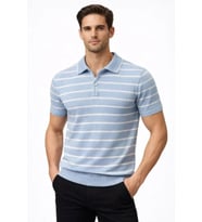 Erkek Triko Polo Yaka Fermuarlı Çizgili Tişört T-Shirt Yazlık Şık - Bebek Mavisi