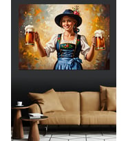 Geleneksel Kıyafetli Bira İçen Kadın Dekoratif Kanvas - Mdf Ahşap Tablo