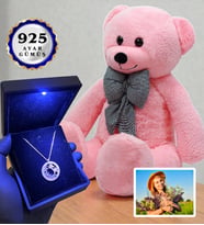 Fotoğraflı Hediye Seti Işıklı Kutusunda 925 Ayar Gümüş Kolye ve 80cm Pembe Ayıcık (Model 6)
