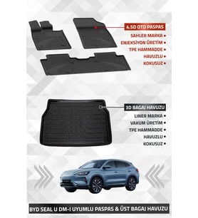 BYD Seal U Dm-i 2024+ Uyumlu LİNER Marka 3D Kulaksız ÜST Bagaj Havuzu + SAHLER 4.5D Oto Paspas