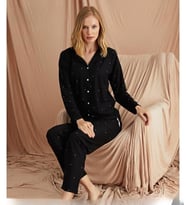 Pijamoni Kadın Süet Önden Düğmeli Pijama Takımı 56607 - 1 Adet (Siyah)