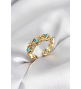 Mavi Taşlı Gold Renk Vintage Kadın Yüzük TJ-BYK4141