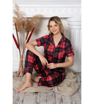 Kadın Ekose Desenli Kısa Kollu Düğmeli Pijama Takımı 10119