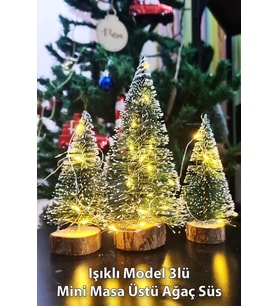 Hoşgeldin Yeni Yıl 3’lü Mini Noel Çam Ağacı Kar Efektli LED Işıklı Çam Ağaçları Seti 15 – 11– 10 Cm (Yeşil)