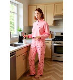 Kadın Kiraz Baskılı Fermuarlı Waffle Pijama Takımı Dik Yaka Fonksiyonel Dayanıklı Kaliteli