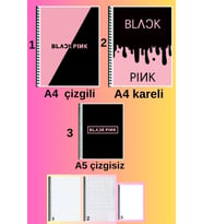 blackpink 3 adet defter seti A4 büyük boy 72 sayfa çizgili_kareli + A5 çizgisiz defter seti