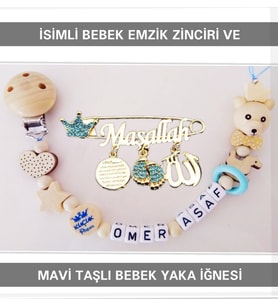 Sahi Aksesuar İsimli Bebek Emzik Zinciri ve Mavi Taşlı Bebek Yaka İğnesi BEZYI007