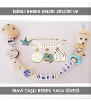 Sahi Aksesuar İsimli Bebek Emzik Zinciri ve Mavi Taşlı Bebek Yaka İğnesi BEZYI007