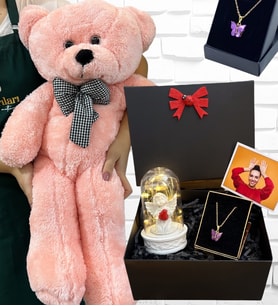 Büyük Boy Pembe Peluş Ayıcık ve Kelebek Kolyeli Fotoğraflı Hediye Kutusu - Premium Set (Model 7)
