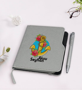 BK Gift Kişiye Özel Çapa Tasarımlı Gri Termo Deri Defter Kalem Seti-4