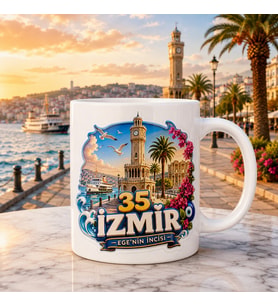 İzmir Temalı Hediyelik Kupa Bardak - 35 Plaka Ege'nin İncisi Üç Boyutlu Kabartma Efektli Özel Tasarım Kupa
