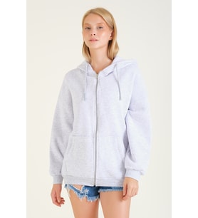 Giyim Dünyası Kadın 3 İp Şardonlu Kapüşonlu Fermuarlı Oversize Sweatshirt Gri