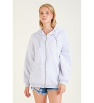 Giyim Dünyası Kadın 3 İp Şardonlu Kapüşonlu Fermuarlı Oversize Sweatshirt Gri