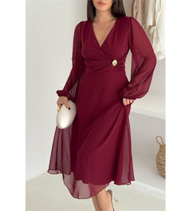 Neşeli butik kadın bel toka detaylı astarlı şifon elbise NBK4329 (Bordo)