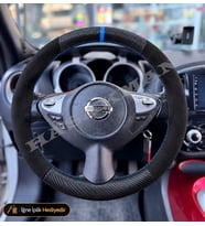 Nissan Juke Dikme Direksiyon Kılıfı Alcantara Süet Mat Karbon Mavi Yüzük ve Dikiş Tekna-Platinum-Çift Tarafı Tuşlu 2014-2019
