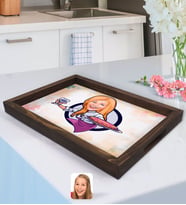 BK Gift Kişiye Özel Kadın Garson Karikatürlü Doğal Ahşap Tepsi-1