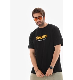 pilelistore- Unisex Bisiklet Yaka Baskılı Oversize T-Shirt - Siyah