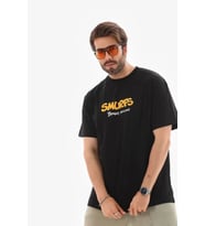 pilelistore- Unisex Bisiklet Yaka Baskılı Oversize T-Shirt - Siyah