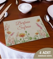 BK Gift Kişiye Özel Çiçek Tasarımlı 4’li Keten Amerikan Servis Seti-13, Ev Hediyesi,Baskılı Servis Bezi, Mutfak Dekoru