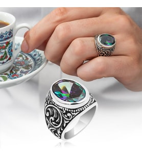 Oval Mistik Topaz Taşlı 925 Gümüş Erkek Yüzük