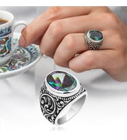 Oval Mistik Topaz Taşlı 925 Gümüş Erkek Yüzük
