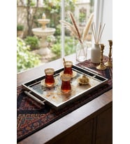 Kulplu Lüks Cam Sunum Tepsisi 008 NOLU SİYAH GÜMÜŞ TEPSİ 50X31X4 CM
