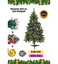 Premium Kutu Süsleme Seti Yılbaşı Çam Ağacı Renkli Işığı Yeni Yıl Süsleri Noel Paketi 210 Cm 580 Dal