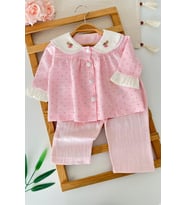 Yaka Tavşan Nakış Detaylı Puantiyeli Kız Bebek 2 li Takım - Pembe