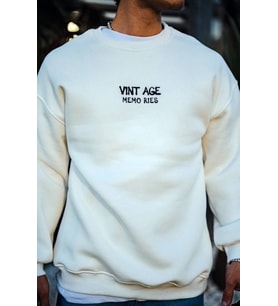 Oversize Bisiklet Yaka Üç İplik Baskılı SweatShirt - Beyaz