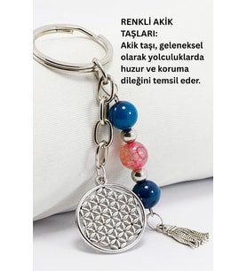 Doğal Taşlı Gümüş Renkli Metal Yaşam Çiçeği Anahtarlık, Renkli Akik Taşlı Araba Hediyesi (Standart)