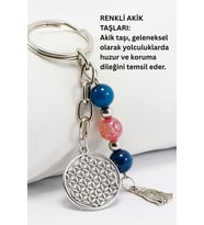 Doğal Taşlı Gümüş Renkli Metal Yaşam Çiçeği Anahtarlık, Renkli Akik Taşlı Araba Hediyesi (Standart)