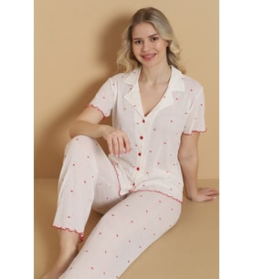 Mirano 1712 Minik Kalp Desenli Pointel İnce Kumaş Düğmeli Kısa Kollu Kadın Pijama Takımı