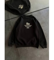 Kışlık Bisiklet Yaka Ön Ve Arka Baskılı SweatShirt - Siyah