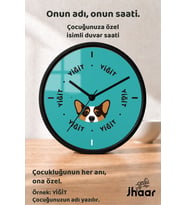 İsme Özel Turkuaz Sevimli Köpek Çocuk Odası Duvar Saati Orta Boy 30 cm Siyah Camlı Sessiz