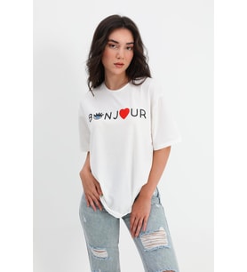 T-shirt Bisiklet Yaka Bonjour Yazılı - Beyaz