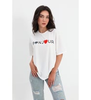 T-shirt Bisiklet Yaka Bonjour Yazılı - Beyaz
